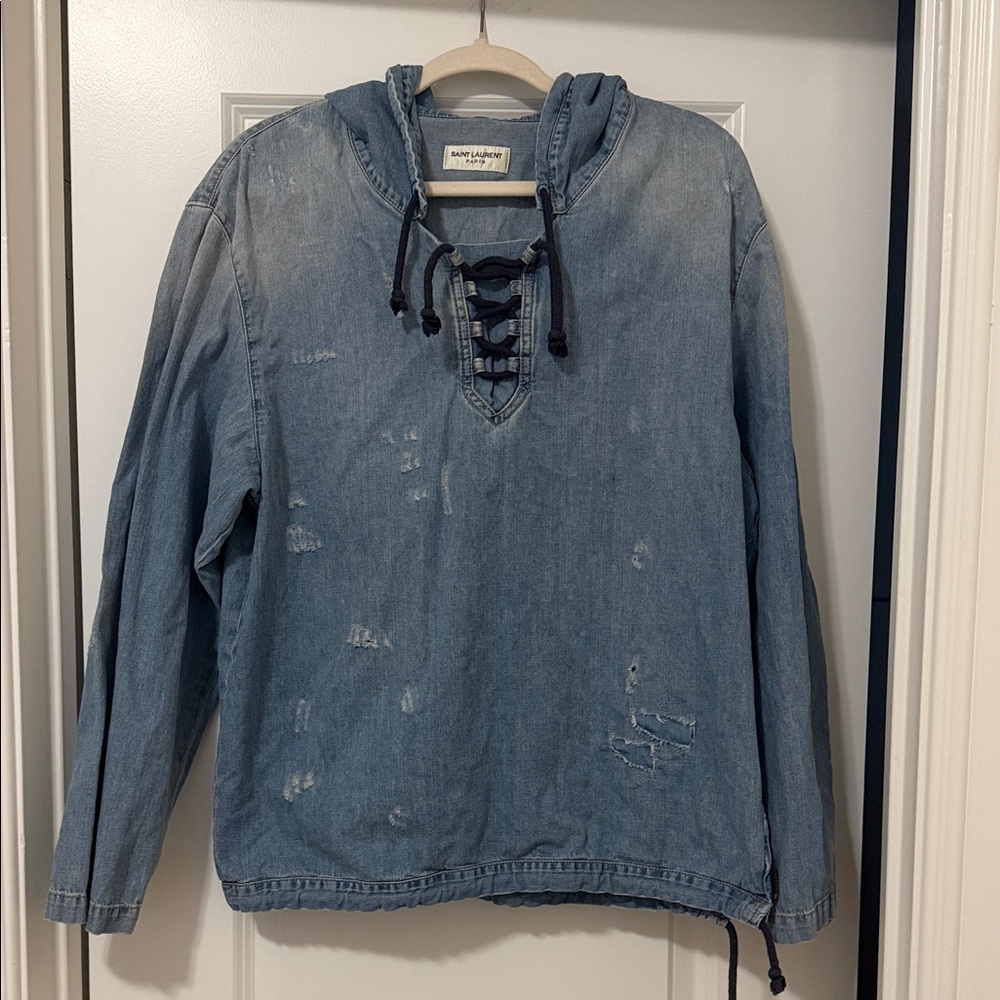 Saint Laurent Washed Denim Lace-Up Hoodie, Size XL, EUC